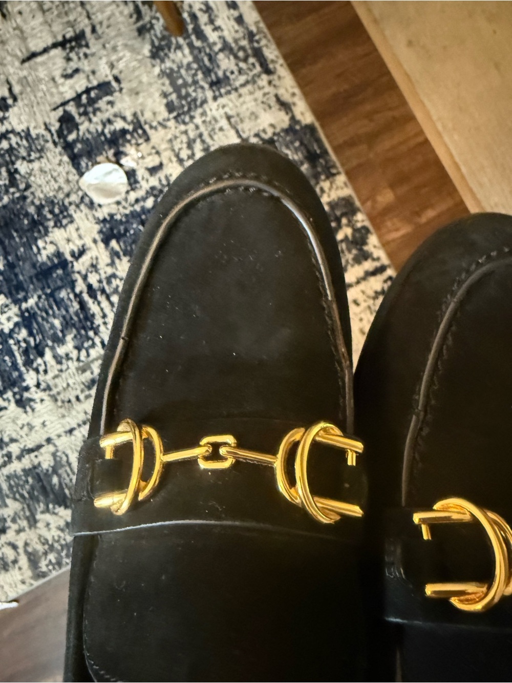 Stuart Weitzman Black Suede Loafers with Gold Horsebit - Picture 4 of 5